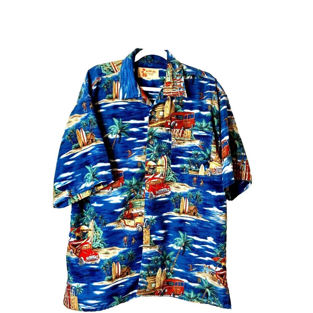 Aloha Joe Mens sz L (16-16 1/2) Blue & White Short Sleeve Button Hawaiian Shirt